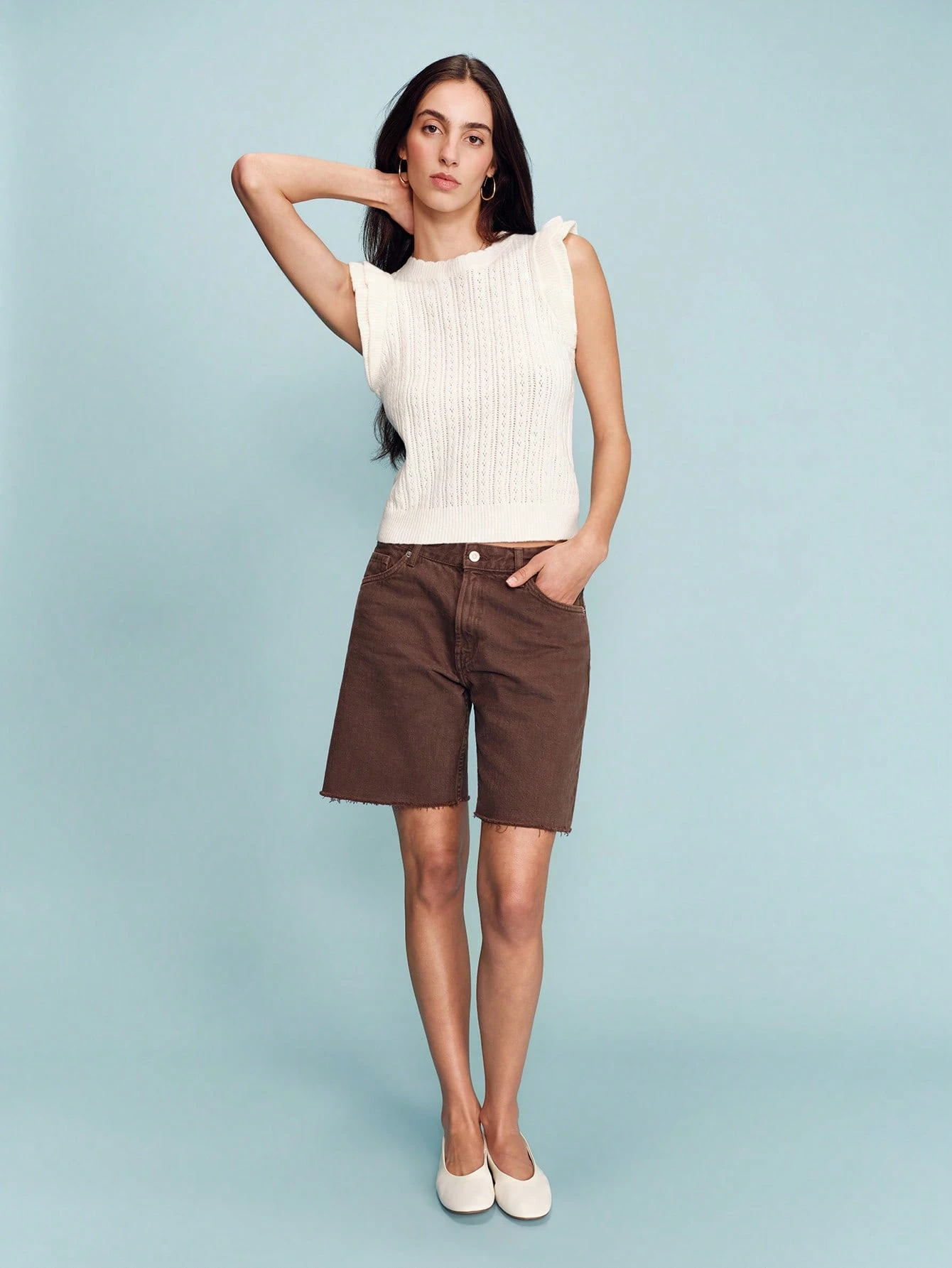 Blusa de punto con volantes en los hombros, estilo vintage francés, estilo primaveral, estilo parisino