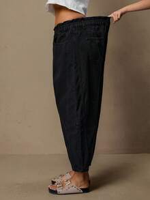 Freevana Quần jeans ống rộng, màu trơn, cạp chun kiểu túi giấy, cỡ lớn, có túi. - màu đen - Xem 7