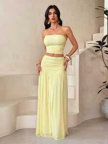 SHEIN Tall 两件套女士浪漫粉色网纱抹胸上衣和高腰褶皱网纱长裙，春夏度假装 - 黃色 - 查看 9