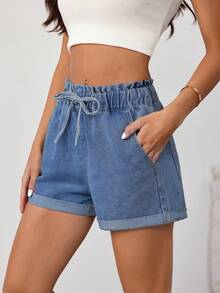 SHEIN Tall 女士弹力腰修身牛仔短裤，蓝色 - 中等水洗藍 - 查看 5