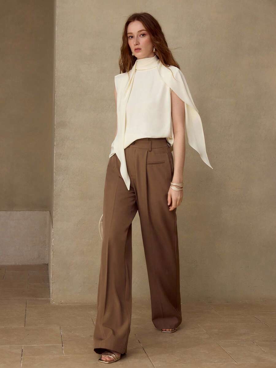 MOTF PREMIUM 优雅垂坠高领宽松衬衫，春夏款 - 杏色 - 查看 1