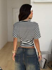 Coolane Women's Spring/Summer Minimalist Y2K Basic Daily Wear Casual Back To School Streetwear Stretchy White And Black Striped Loose Ruched Crop Tees - Black and White - View 7