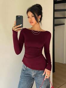 SHEIN PETITE CURVE Plus Size Elegant Solid Color Lace Patchwork Asymmetric Hem T-Shirt - Burgundy - View 5