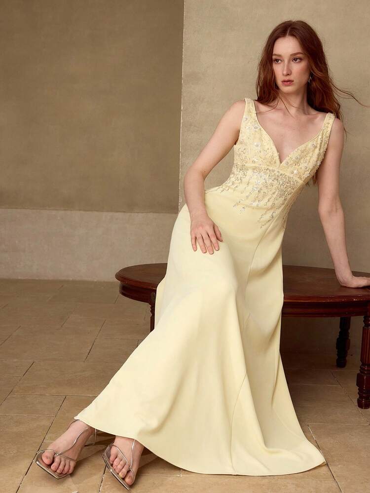 ELEGANT GRADIENT WAIST-CINCHED BEADED EMBROIDERY DRESS, SPRING/SUMMER
