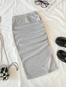 Tween Girl High Waist Pleated Slit Hem Ribbed Knit Skirt - Light Grey - View 1