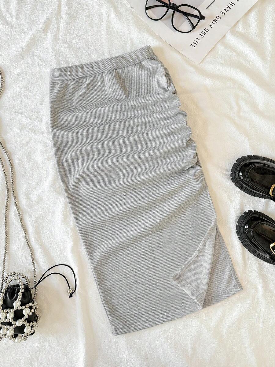 Tween Girl High Waist Pleated Slit Hem Ribbed Knit Skirt - Light Grey - View 1