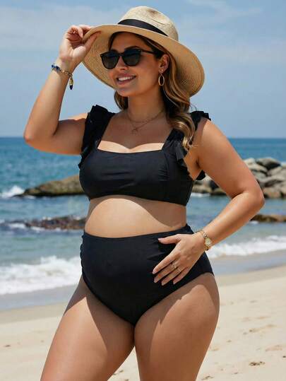 SHEIN Summer Beach Gravid Enfärgad Bikini Set Beach Wear, Gravid Baddräkt