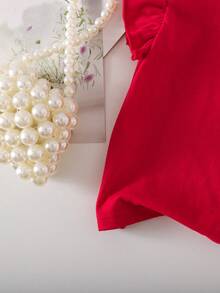 Baby Girl Cute Summer Versatile Knit Red Bow Tie Cap Sleeve Top - Red - View 3