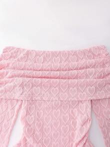 Rafferiza Elegant och trendig t-shirt med smal passform, bara axlar och stort slag, hjärtmönster i spets för unga kvinnor, lämplig för vår/höst - Rosa - Visa 3