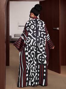 Maweii 大码女式条纹几何印花宽松睡袍复古休闲撞色外套