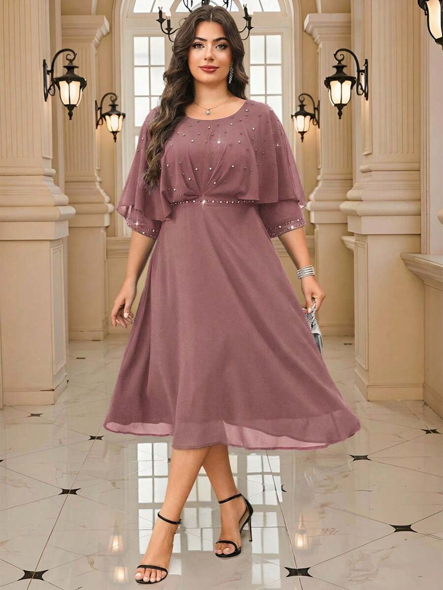 Reflora Plus Size Elegant Casual Party Bussines Formal Mother Of The Bride Wedding Beaded Embellished Dress Dusty Rose Autumn Fall - Dusty Pink - View 1