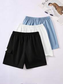 SHEIN 3 Pc Teenboy's Loose Casual Woven Net Color Casual Simple Basic Versatile Solid Color Sports Workwear Shorts Multi-Color Multi Piece Set, Buy One And Get Two Free, Get Three Suitable For Spring And Summer Seasons - Blue - View 2