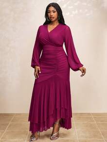 Truni Plus Size Elegant Solid Color Lantern Sleeve Dress, For Pear & Triangle Body Shape - Red Violet - View 7