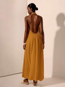 Zivah 2025春夏新款音乐节、复活节、圣帕特里克节、西部风、游牧风、生日派对、毕业典礼、大学、学生、日常休闲、百搭、休闲、度假、邮轮、海滩、日光浴、热门单品、街头服饰、婚礼宾客波西米亚风、通勤、早午餐、机场、白色纹理露背系带深V连衣裙、露背连衣裙 - 芥末黃 - 查看 2