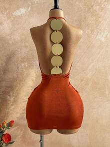 Soleia 新款性感V领吊带露背金属拼接紧身迷你连衣裙，适合约会、派对、波西米亚风、度假、复古、假日等场合。 - 鏽棕色 - 查看 2