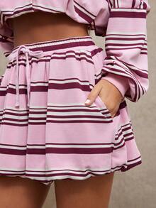 WESTFADE 高腰抽绳条纹华夫格针织泡泡边短裤 - 粉色 - 查看 6
