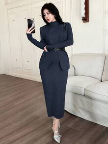 DAZY Women's Solid Color Sleeveless Dress & Sweater 2 Pieces Set, Autumn/Winter - Navy Blue - View 6