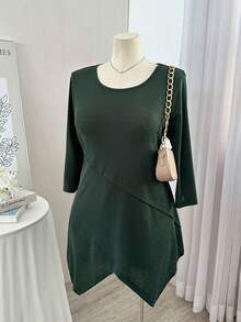 Lacomfia 女士圆领七分袖交叉长款休闲舒适加大码T恤 - 綠色 - 查看 1