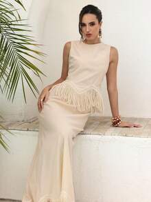 Modelyn Women's Vacation Casual Tassel Hem Camisole And Mini Skirt 2 Pieces Set Fringe Dress Tassel Dress Es Women Fringe Outfits Women Beige Dress Beige Dresses Women - Apricot - View 7