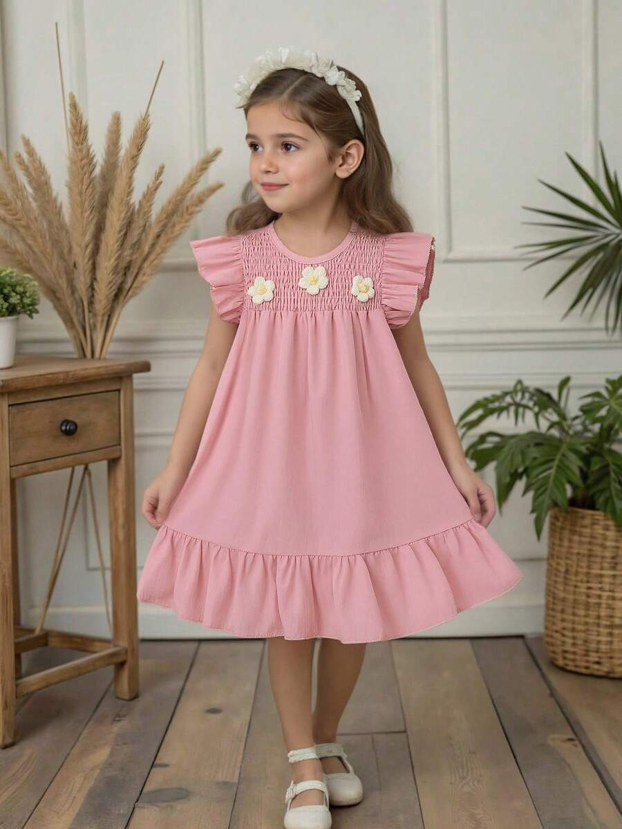 SHEIN Vintaside Kids Đầm bé gái thanh lịch, ngọt ngào, dễ thương, cổ tròn, tay ngắn, viền bèo nhún, dáng rộng, thích hợp cho kỳ nghỉ, du lịch, quà sinh nhật, mùa hè. - Hồng - Xem 1