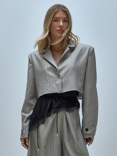 MUSERA Blazer de coordinado con hombros acolchados, espalda fruncida y rayas, para uso en la oficina y diario, diseño lindo y moderno, para primavera