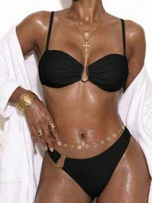 Swim Chiccia 女士黑色镂空金属扣泳衣套装，优雅休闲，适合春夏度假、海滩、派对穿着 - 黑色 - 查看 3