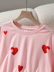 Chiquease Stylish Women's Round Neck Pink Polyester T-Shirt With Lovely Heart Print Short Regular Sleeves - Pink - View 4