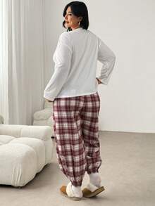 Auralis Women's Casual Daily Homewear Valentine's Day Vintage Solid Color Round Neck Long Sleeve Bow Print & Red Plaid Belted Ankle Pants 2-Piece Set/Plus Size Casual Homewear Set/Back To School Set/ Valentine's Day /Valentine Outfits For Women Loungewear Women Sleep Wear Women Lounge Wear Pajama Sets For Women Comfy Sets Women Comfy Lounge Wear Women's Lounge Wear Women's Pajama Set Long Sleeve Top Plaid Pajama Pants - Multicolor - View 2