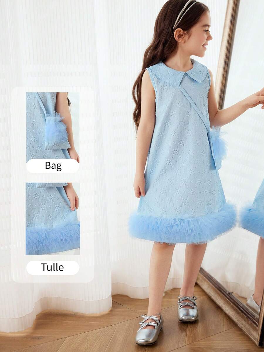Nuovo abito elegante estivo di alta qualità per ragazze, senza maniche, con colletto alla Peter Pan, in tessuto jacquard lavorato con inserti in rete, stile principessa, adatto per uso quotidiano e uscite - celeste - Visualizzare 1