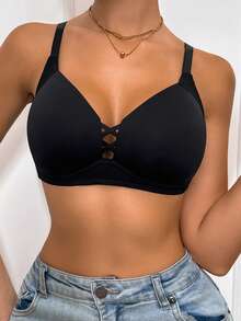 DesireSculpt Women's Comfortable Solid Sexy Romantic & Simple Cross Strap Wire-Free Soft Cup Anti-Sagging Bra - Black - View 6