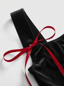 ROMWE Goth Áo hai dây kiểu dáng cung điện bí ẩn, họa tiết tương phản màu sắc, thêu hình trái tim và con mắt, thắt nơ, thích hợp cho mùa xuân/hè. - màu đen - Xem 4