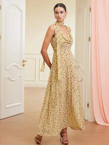 Revavyn 时尚休闲随机水印波点荷叶边领收腰长款无袖连衣裙，欧美风，秋冬款 - 彩色 - 查看 4