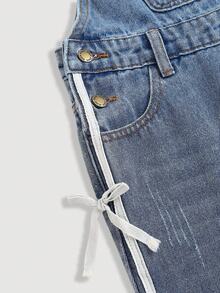 SHEIN 少女时尚休闲Y2K复古酷炫街头风蝴蝶结侧系带蓝色牛仔宽松舒适露背牛仔裤，适合少女日常穿着，也适合春夏派对、音乐节和街头服饰，2026春夏新款时尚 - 藍色 - 查看 4