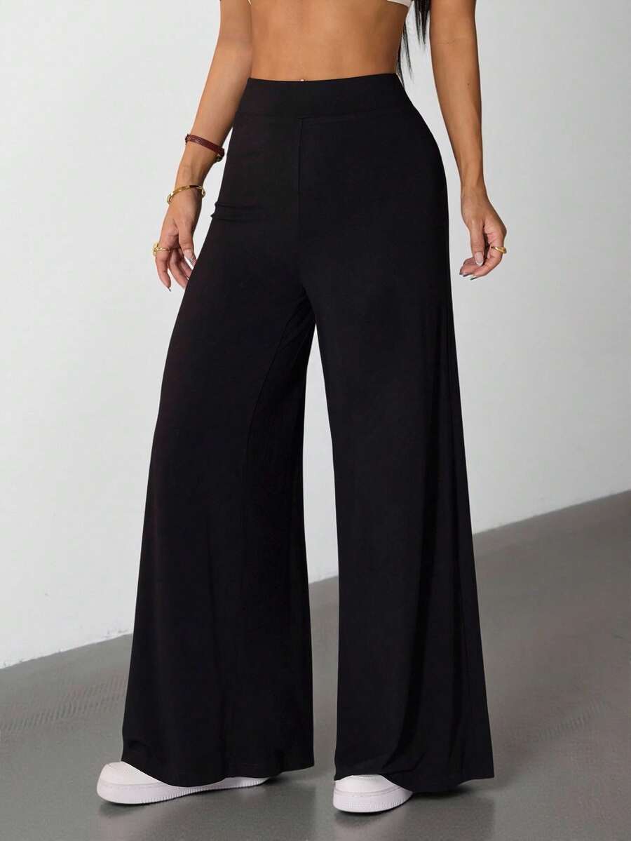 SHEIN PETITE Women's High Elastic Wide Leg Black Trousers High Waist Pants Wide Leg Pants Wide Leg Pant Palazzo Pants Women Black Palazzo Pants Black Flare Pants Black Wide Leg Pants Women Wide Leg Pants - Black - View 1