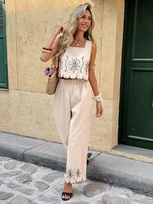 SHEIN Frenchy Bộ đồ nữ gồm áo hai dây cổ vuông thêu hoa và quần dài, kiểu dáng thường ngày, gồm 2 món. - Màu be - Xem 8