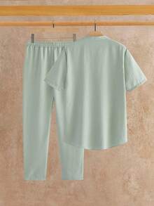 HIMLAND 男士纯色缺口领短袖T恤和抽绳腰斜插口袋长裤套装 - 綠色 - 查看 2