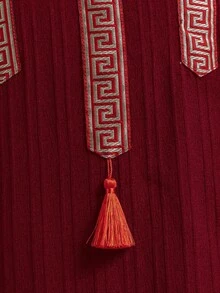 Đầm trễ vai họa tiết hình học chắp vá phong cách vintage thường ngày cho bé gái tuổi teen - Màu Đỏ Sâu - Xem 5