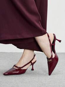 CUCCOO BIZCHIC Women's Pointed Toe Burgundy Patent Leather Backless Ankle Strap Minimalist All-Match Stylish Commute Daily Versatile Stiletto High Heels Valentine's Day - Burgundy - View 5