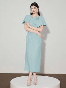 Modelyn 女士优雅中长连衣裙，饰有3D立体花卉纹理 - 薄荷藍 - 查看 8
