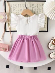 两件套女婴针织提花荷叶袖蝴蝶结饰边背心上衣和褶皱蝴蝶结半裙套装，时尚可爱休闲装 - 白色 - 查看 2