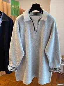 Resyla Plus Size Women Casual Everyday Commute Fashion Street Patchwork Striped Sweatshirt - Multicolor - View 3