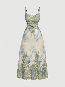 SHEIN MOD 大码优雅绿色印花无袖连衣裙，夏季 - 彩色 - 查看 4