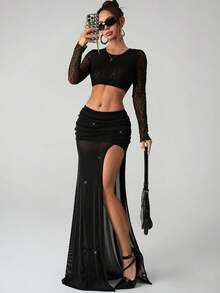 SHEIN ICON Women's Black Elegant Fashionable Sexy Sequin High Slit Skirt,Valentines Day Outfit,Wedding Guest Skirt For Women - Black - View 3