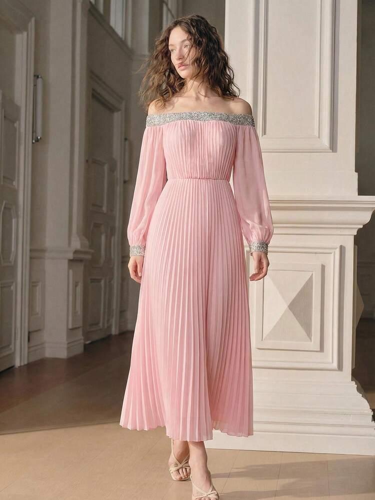 Anewsta 优雅单肩褶皱腰身水钻装饰粉色连衣裙，女士新年派对长袖连衣裙 - 藕粉色 - 查看 4