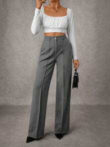EURMUSE Women's Solid Pleated Seam Detailed Suit Pants - Grey - View 5