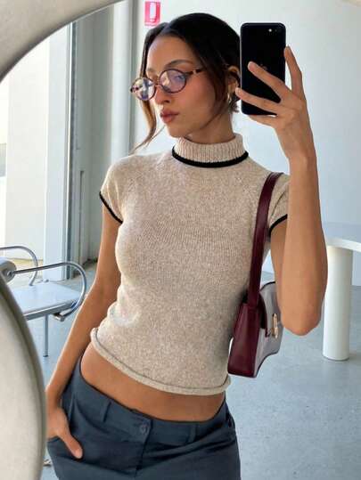 Aloruh Women's Autumn/Winter Short Sleeve Turtleneck Cap Sleeve Slim Fit Thin Fleece Knit Sweater