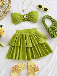 Soleia 春夏假日镂空海星金属抹胸露脐上衣和多层迷你裙针织纹理两件套，适合假日、约会、下午茶、度假、音乐节、波西米亚风度假等场合。 - 綠色 - 查看 6