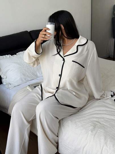 Dream Adore 大码女式泡泡纹理撞色翻领宽松长袖睡衣套装