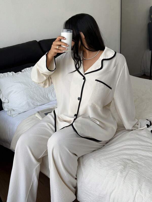 Dream Adore 大码女式泡泡纹理撞色翻领宽松长袖睡衣套装