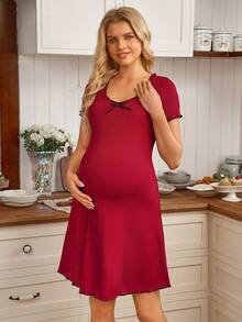 GentleRue Maternity Vestido corto ajustado con lazo para uso en el hogar para embarazadas - Rojo - Ver 6